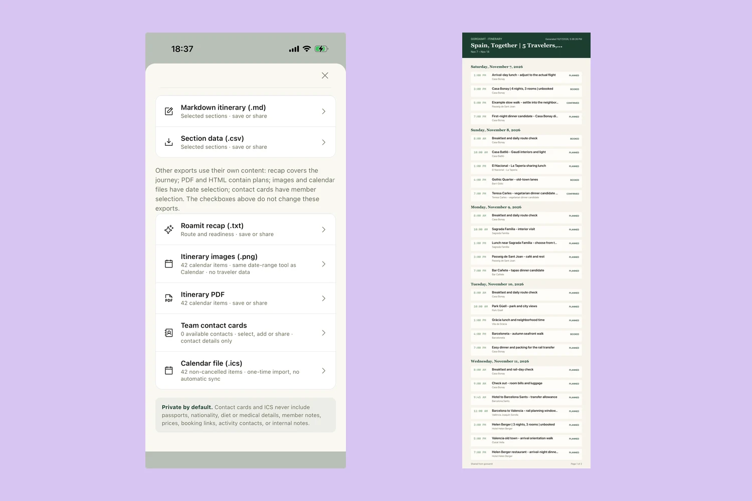 GoRoamIt’s export menu beside an actual exported Spain itinerary with dated activities